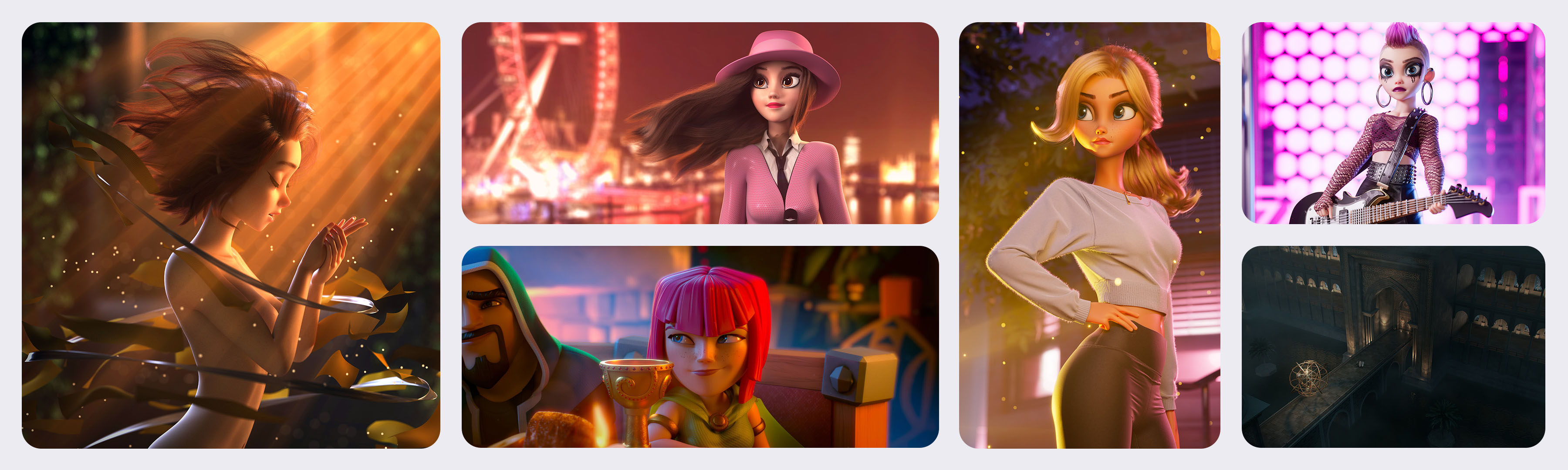 A collage of character and environment art