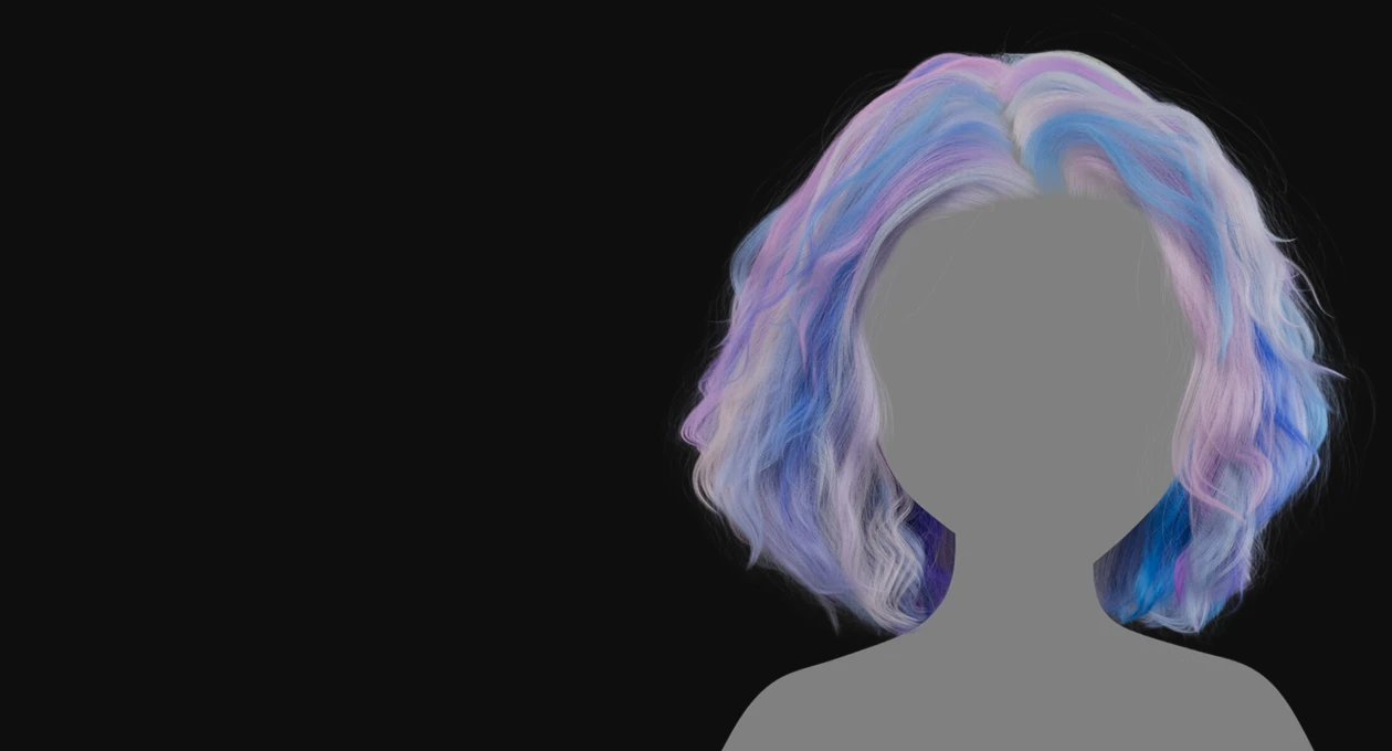 Close-up of realistic, lifelike 3D hair on a character