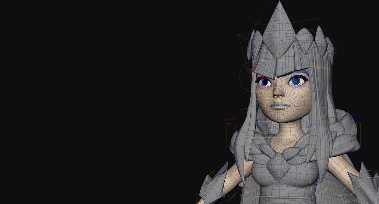 A complex 3D character rig with control handles for animation