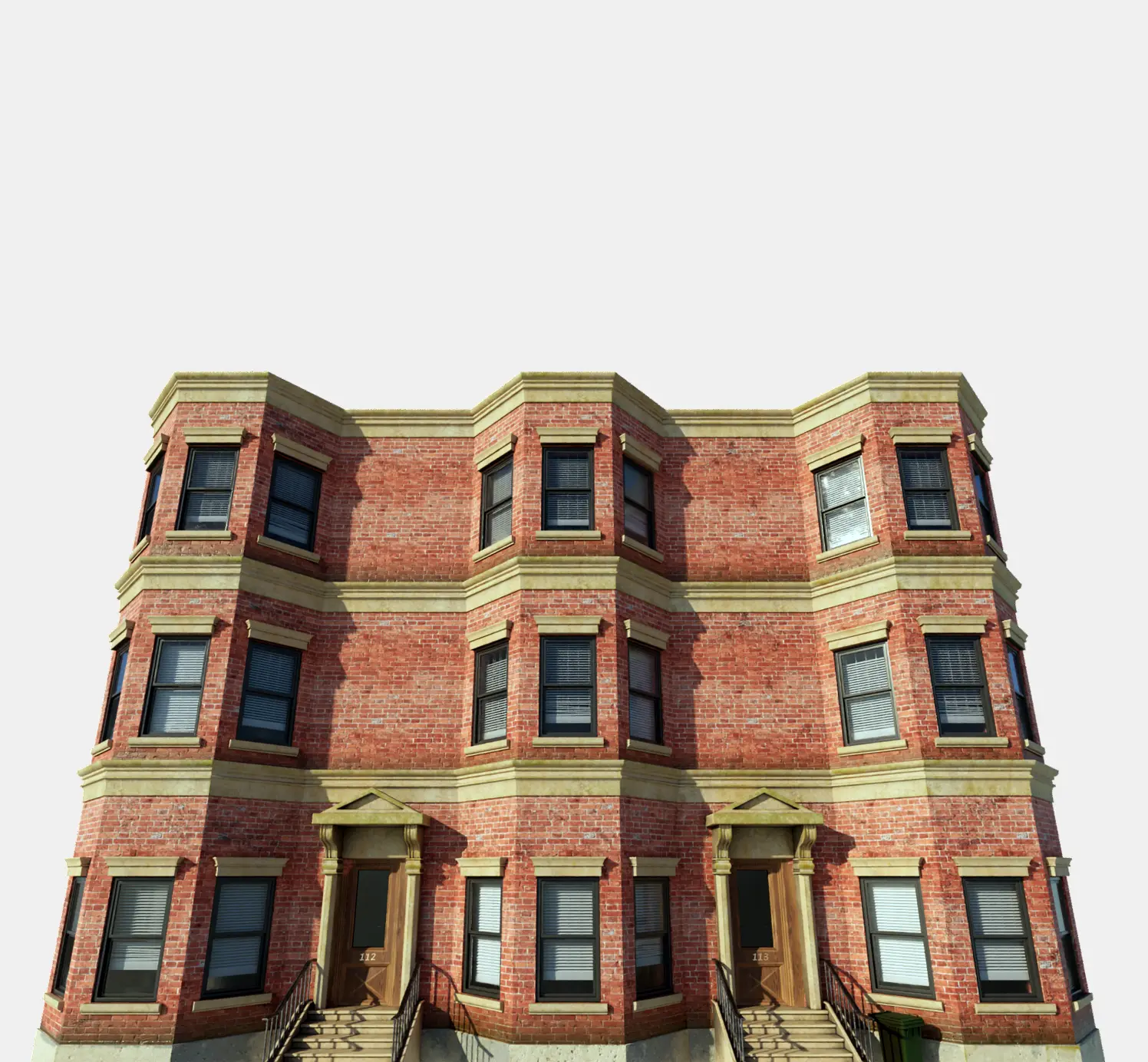 3D render of a beautiful three story building in Brooklyn highly made in clean topology and highly detailed realistic textures